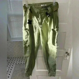 Cargo style pants with pockets and buckle belt size small in olive green